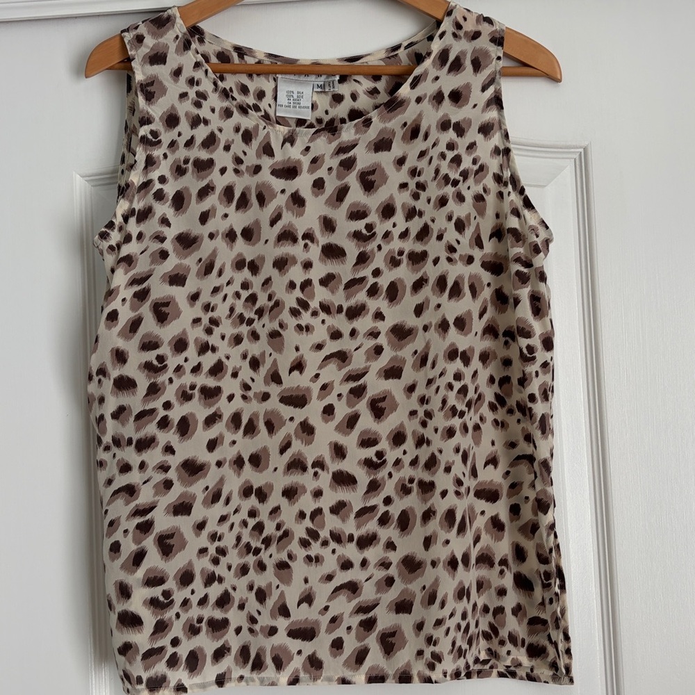 100% Silk Leopard Print Blouse Sleeveless Animal Print Top Women’s M